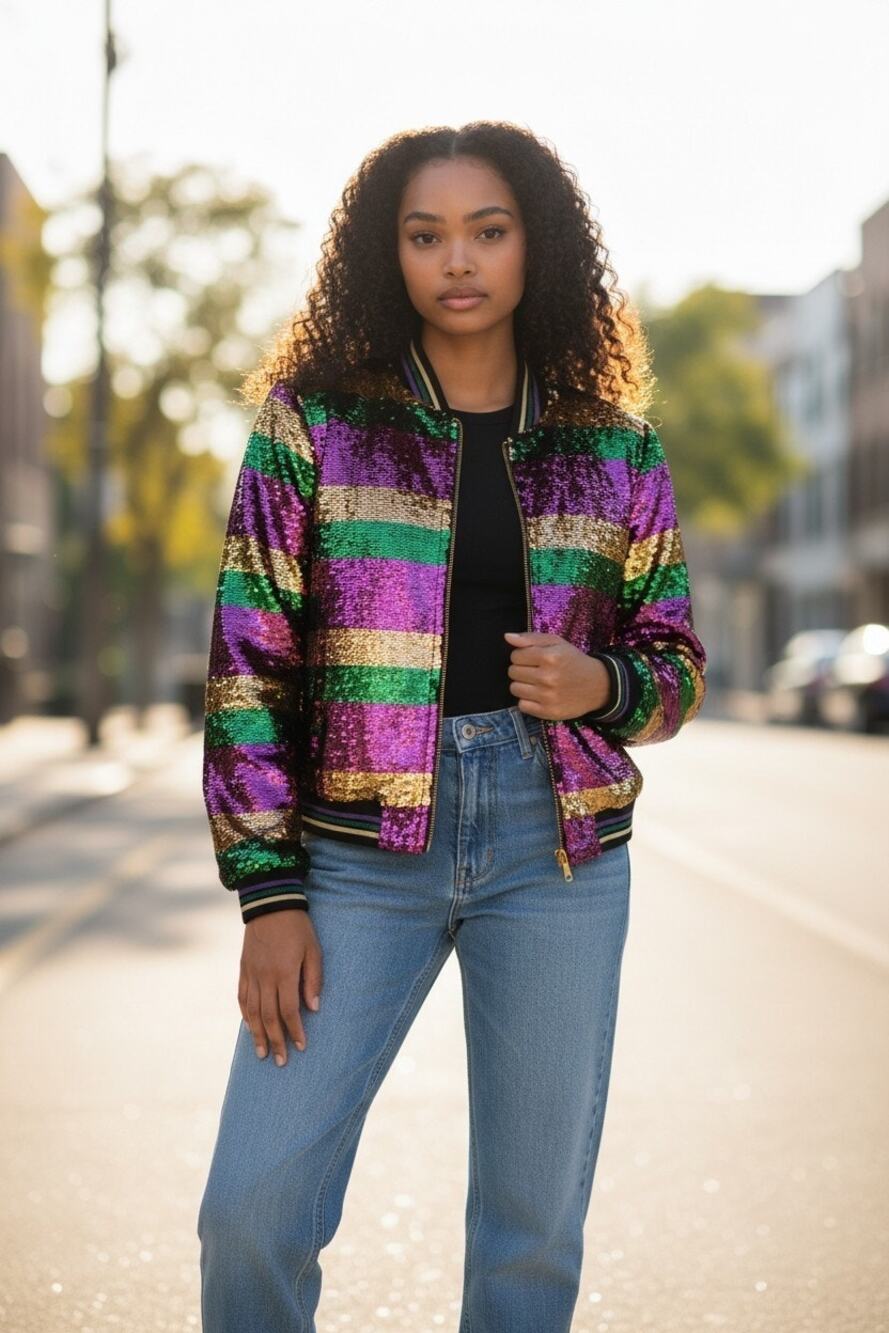 5728)Nola Mardi Grass Small Stripe Purple Gold Green Sequin Zip Bomber Jacket